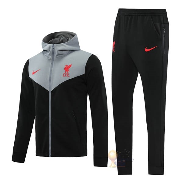 Calcio Maglie Felpa Cappuccio Liverpool 2020 2021 Grigio Nero