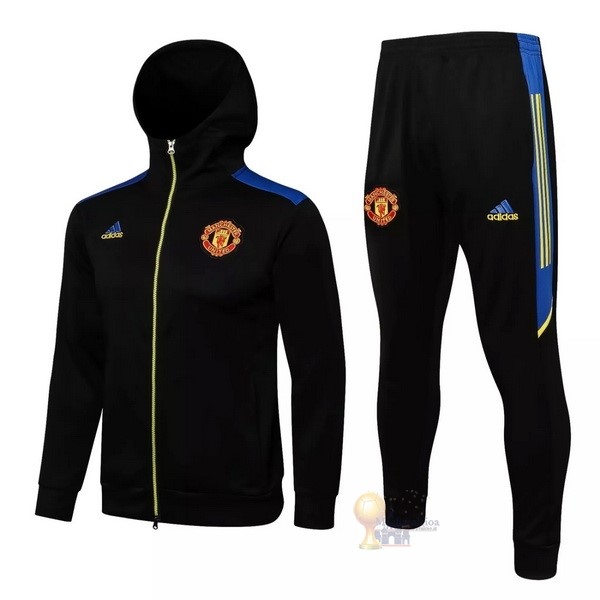 Calcio Maglie Felpa Cappuccio Manchester United 2021 2022 Nero Blu Giallo