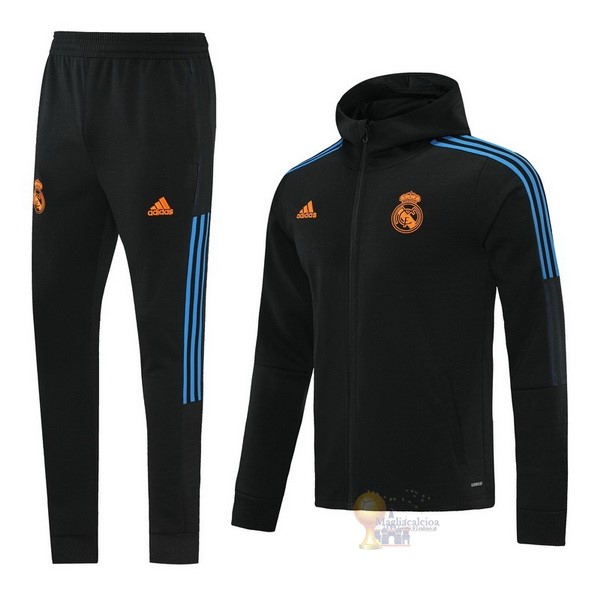 Calcio Maglie Felpa Cappuccio Real Madrid 2021 2022 Nero Blu